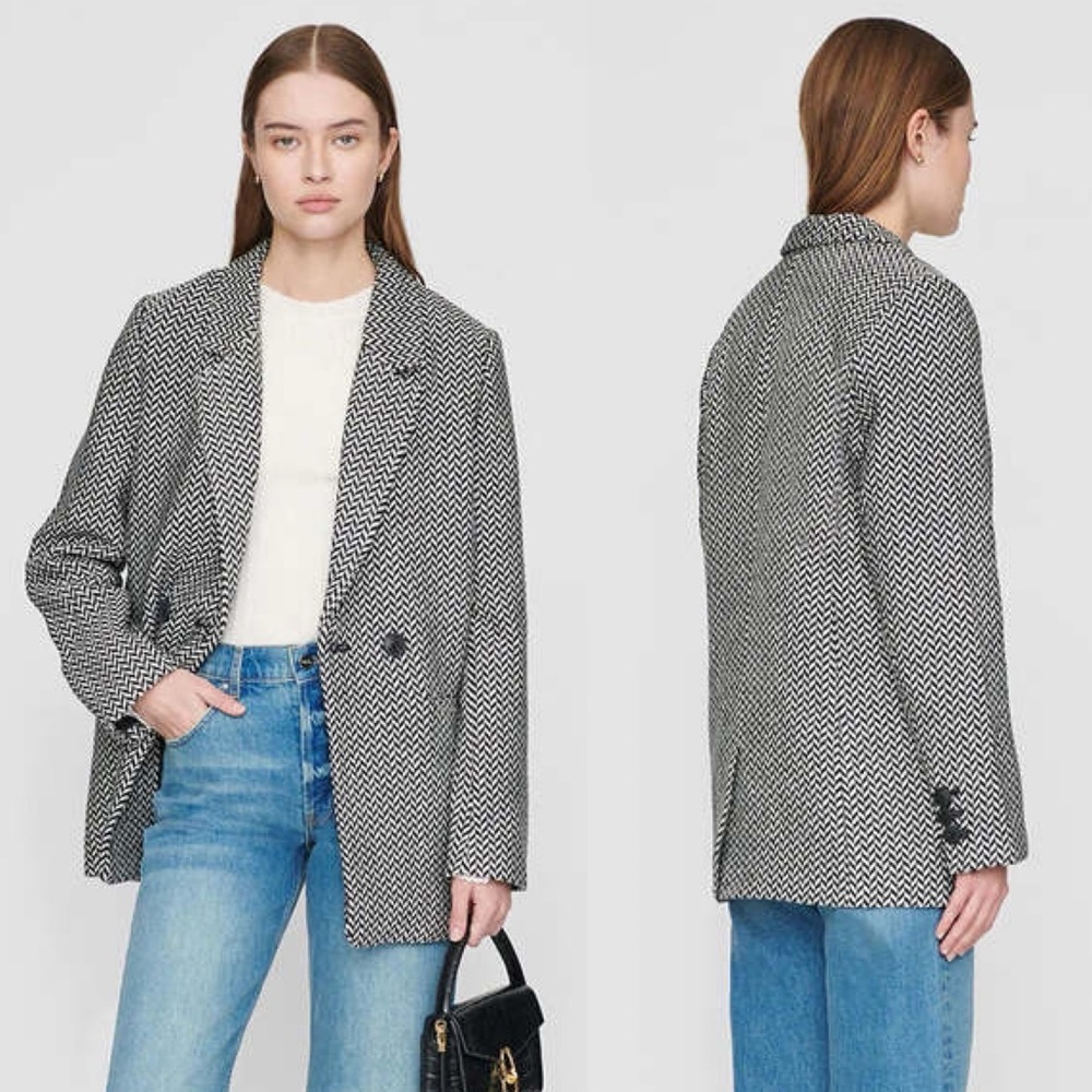 Anine Bing Fishbone Blazer Jacket In Black/White Herringbone